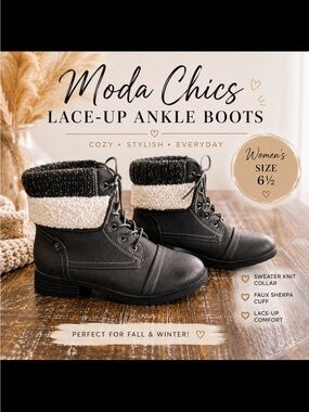 Black Lace-Up Ankle Boots with Sherpa Cuff